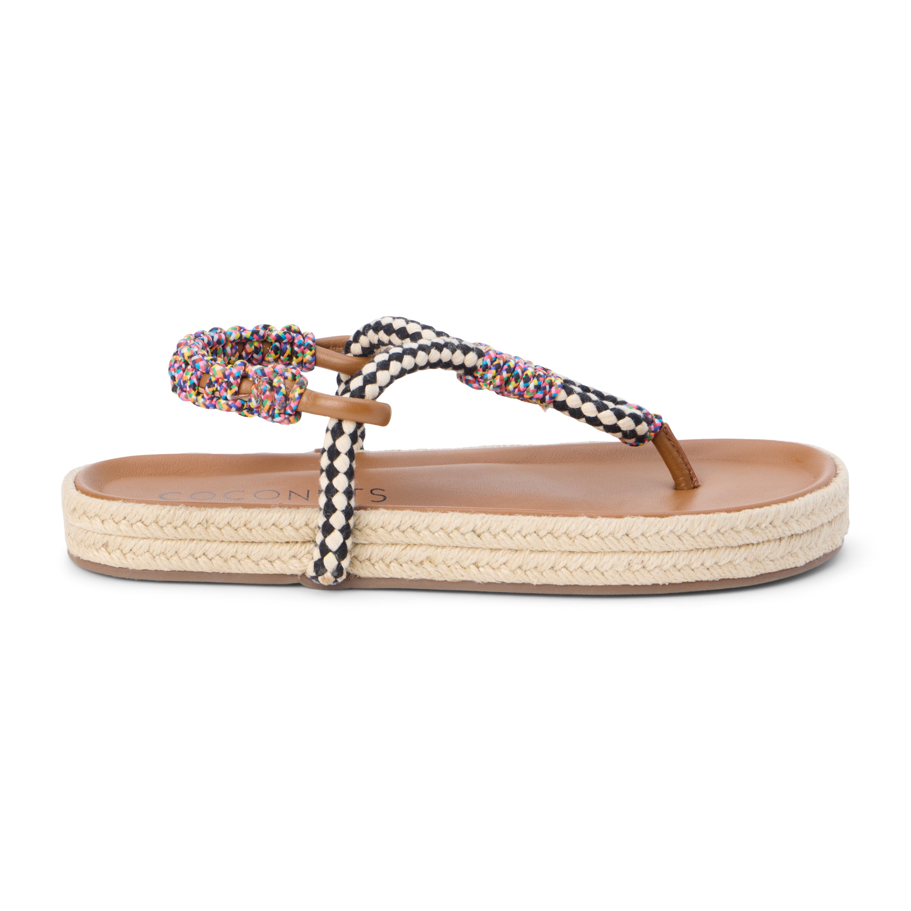 Black and white braided thong sandal with multicolor accents and flat sole shown on a white background.