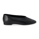 Black leather flat with a softly squared toe, high-cut vamp, smooth upper, and low black heel shown on a white background.