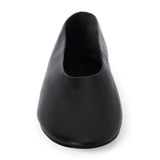 Black leather flat with a softly squared toe, high-cut vamp, smooth upper, and low black heel shown on a white background.