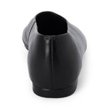 Black leather flat with a softly squared toe, high-cut vamp, smooth upper, and low black heel shown on a white background.