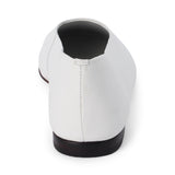 White leather flat with a softly squared toe, high-cut vamp, smooth upper, and low black heel shown on a white background.