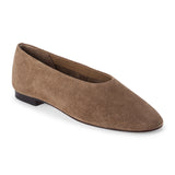Brown suede flat with a softly squared toe, high-cut vamp, textured upper, and low dark heel shown on a white background.