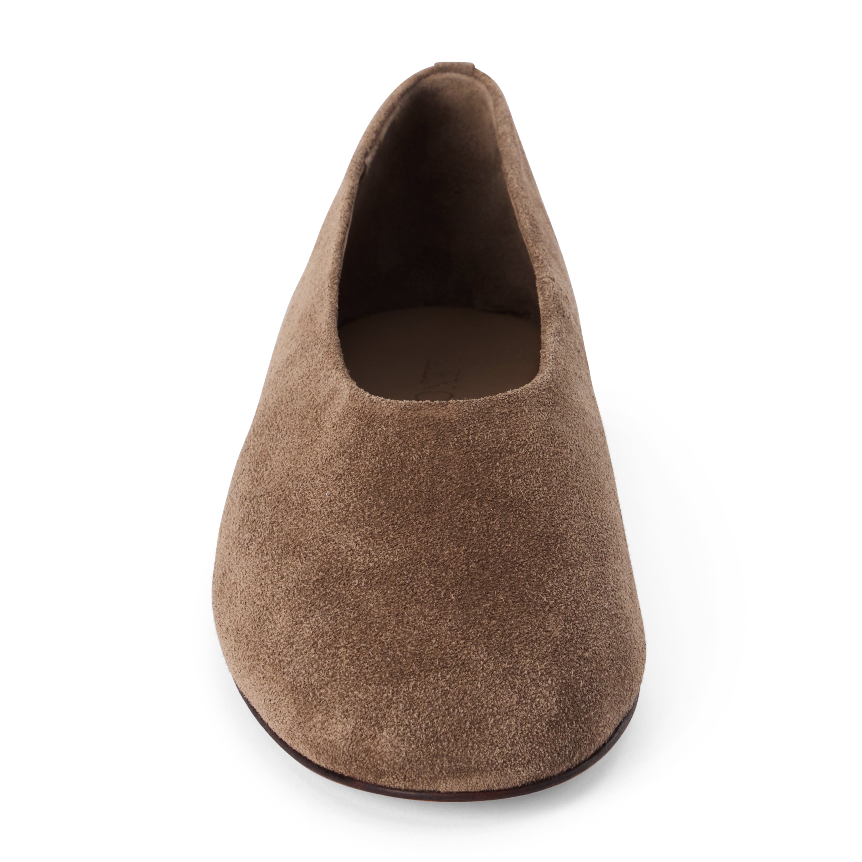 Brown suede flat with a softly squared toe, high-cut vamp, textured upper, and low dark heel shown on a white background.