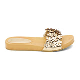 Gold floral-embellished slide sandals with a faux-wood platform sole and metallic daisy appliqués. A playful yet refined style, perfect for effortless warm-weather wear.