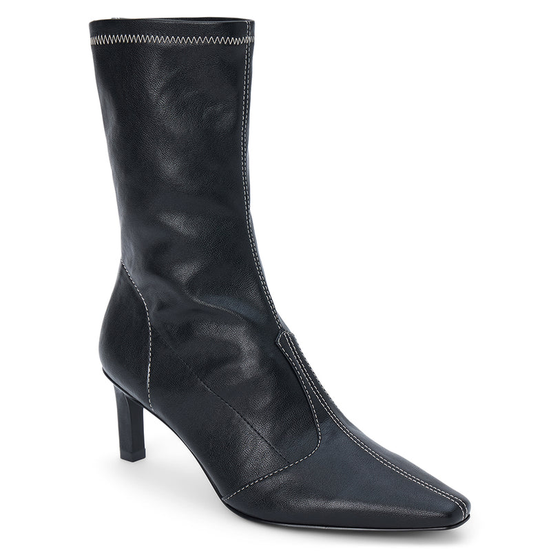 Clara Vegan Heeled Boot – Coconuts by Matisse – Black faux leather boot with pointed toe, mid-calf shaft, and slim heel.