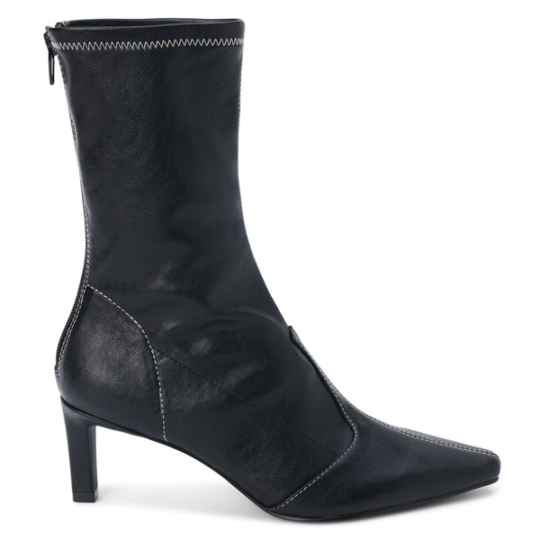 Clara Vegan Heeled Boot – Coconuts by Matisse – Black faux leather boot with pointed toe, mid-calf shaft, and slim heel.