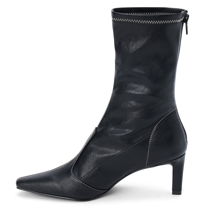 Clara Vegan Heeled Boot – Coconuts by Matisse – Black faux leather boot with pointed toe, mid-calf shaft, and slim heel.