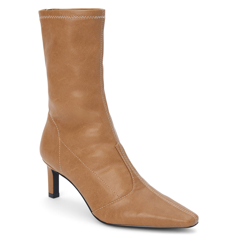 Clara Vegan Heeled Boot – Coconuts by Matisse – Tan faux leather boot with pointed toe, mid-calf shaft, and slim heel.