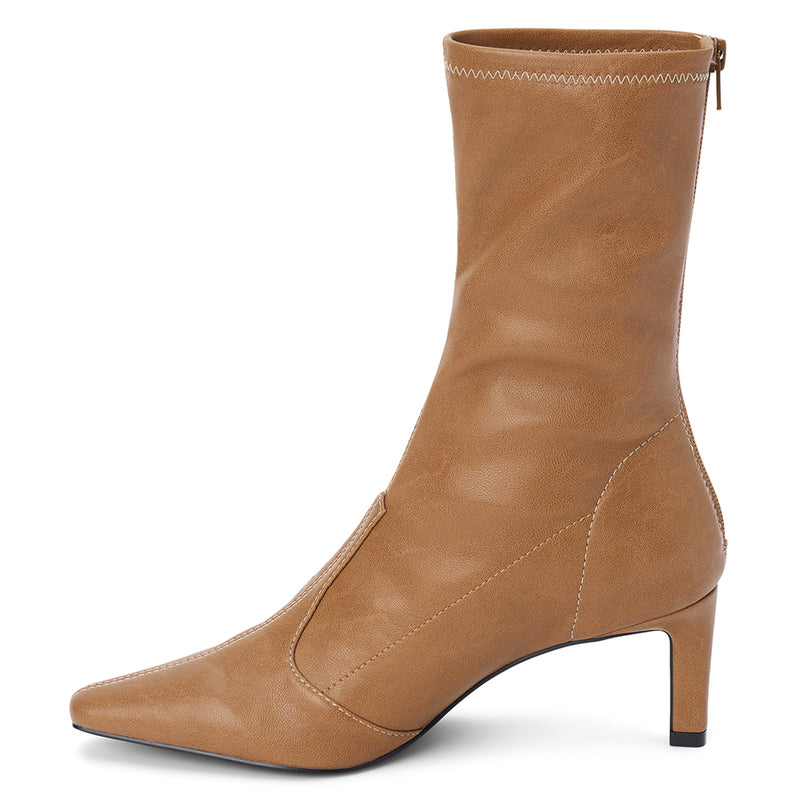Clara Vegan Heeled Boot – Coconuts by Matisse – Tan faux leather boot with pointed toe, mid-calf shaft, and slim heel.