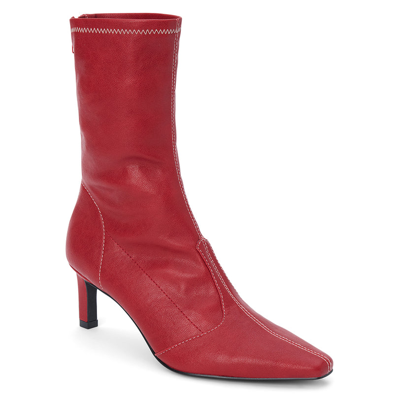 Clara Vegan Heeled Boot – Coconuts by Matisse – Red faux leather boot with pointed toe, mid-calf shaft, and slim heel.