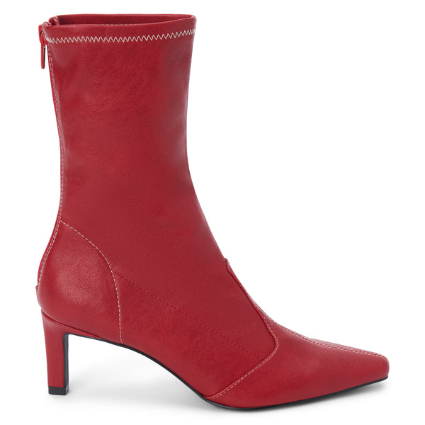 Clara Vegan Heeled Boot – Coconuts by Matisse – Red faux leather boot with pointed toe, mid-calf shaft, and slim heel.