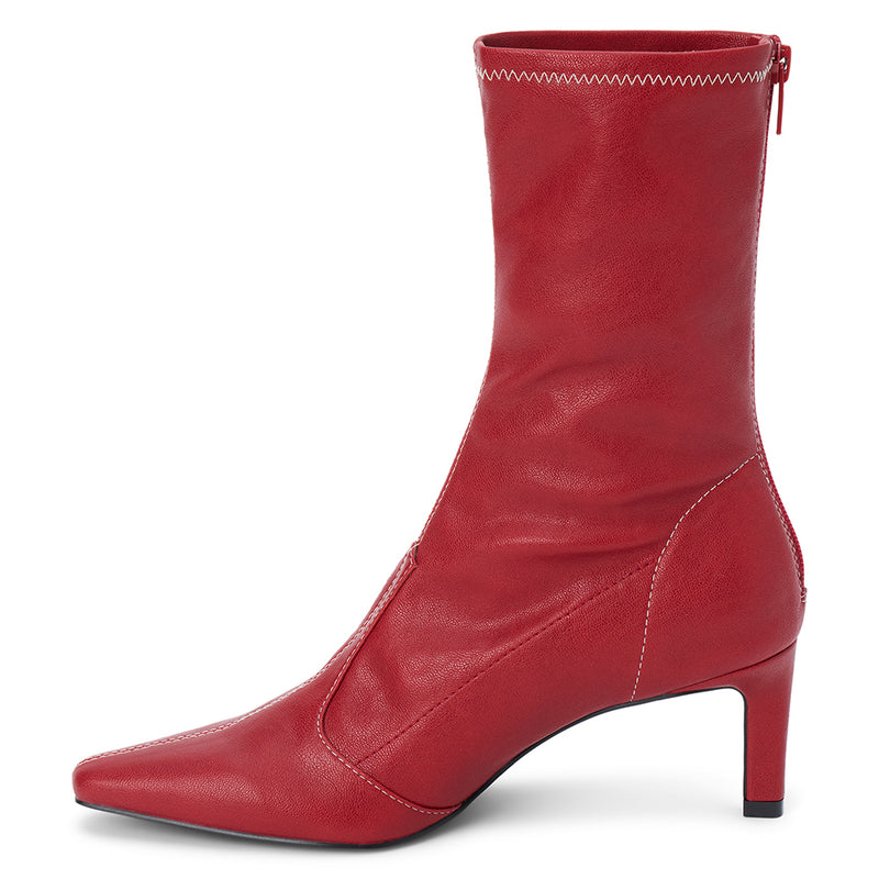 Clara Vegan Heeled Boot – Coconuts by Matisse – Red faux leather boot with pointed toe, mid-calf shaft, and slim heel.