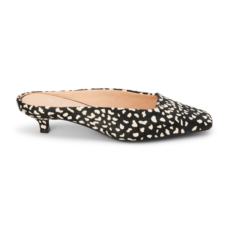 Classy Heeled Mule – Matisse Footwear – Black and ivory spotted cow hair mule with a squared toe, low kitten heel, and sleek slip-on silhouette.