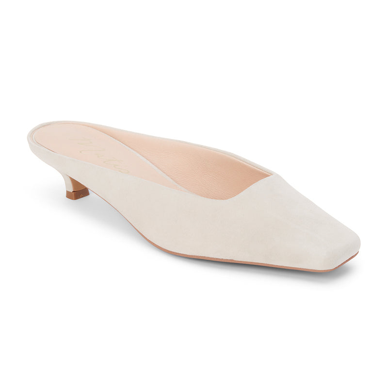Classy Heeled Mule – Matisse Footwear – Cream colored suede mule with a squared toe, low kitten heel, and sleek slip-on silhouette.