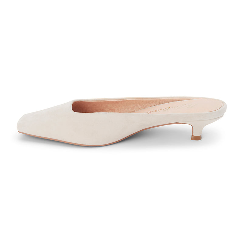 Classy Heeled Mule – Matisse Footwear – Cream colored suede mule with a squared toe, low kitten heel, and sleek slip-on silhouette.