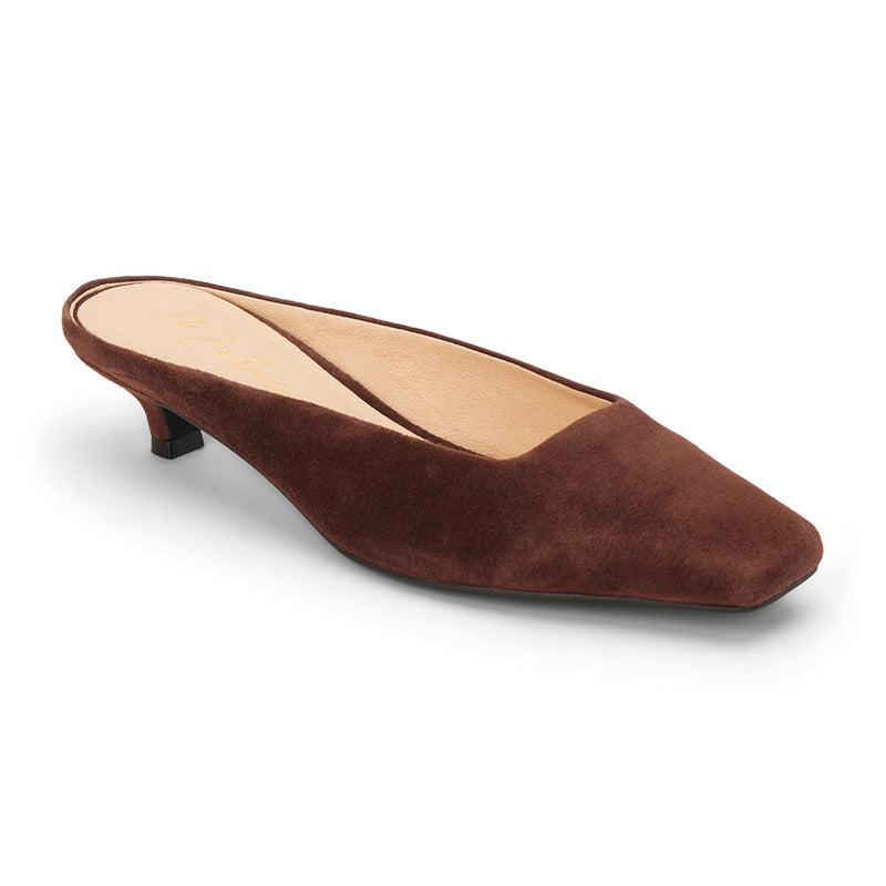 Classy Heeled Mule – Matisse Footwear – Dark brown suede mule with a squared toe, low kitten heel, and sleek slip-on silhouette.