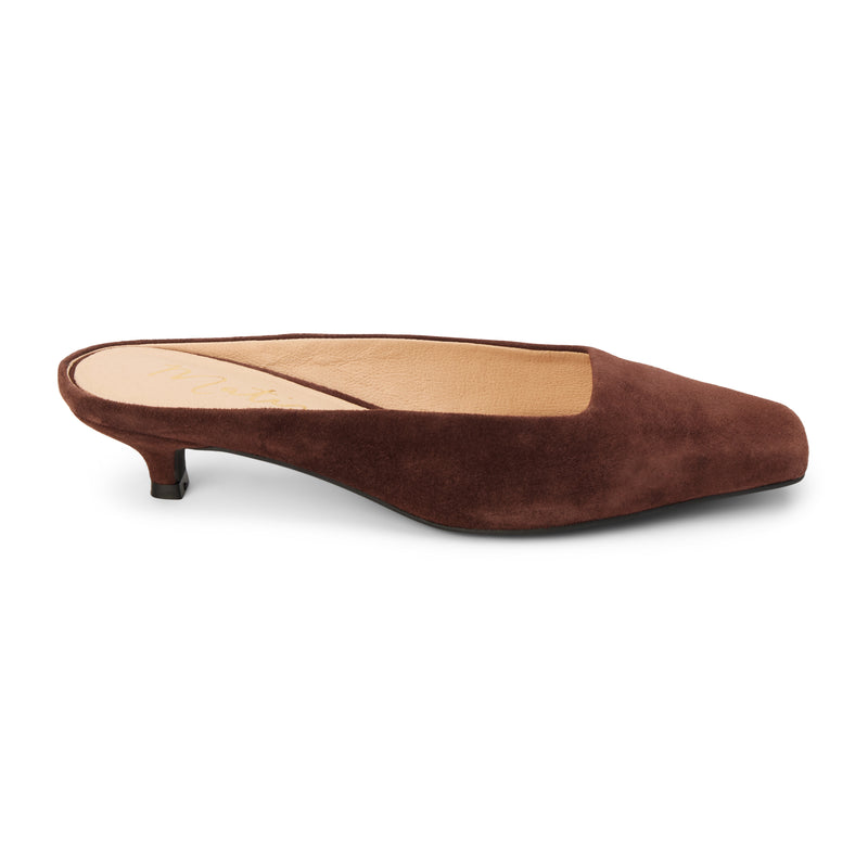 Classy Heeled Mule – Matisse Footwear – Dark brown suede mule with a squared toe, low kitten heel, and sleek slip-on silhouette.