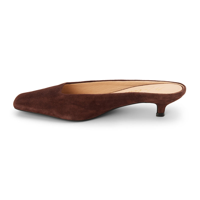 Classy Heeled Mule – Matisse Footwear – Dark brown suede mule with a squared toe, low kitten heel, and sleek slip-on silhouette.