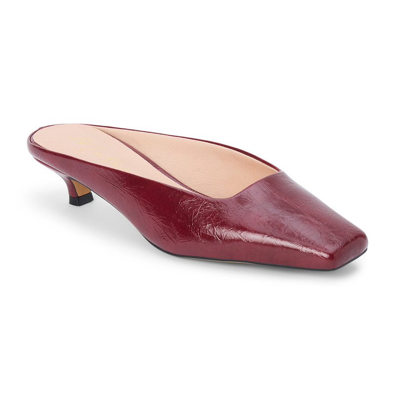 Classy Heeled Mule – Matisse Footwear – Burgundy patent leather mule with a squared toe, low kitten heel, and sleek slip-on silhouette.
