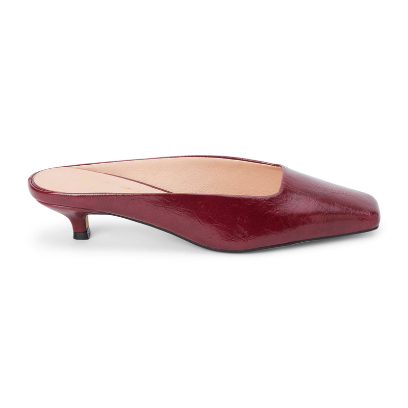 Classy Heeled Mule – Matisse Footwear – Burgundy patent leather mule with a squared toe, low kitten heel, and sleek slip-on silhouette.