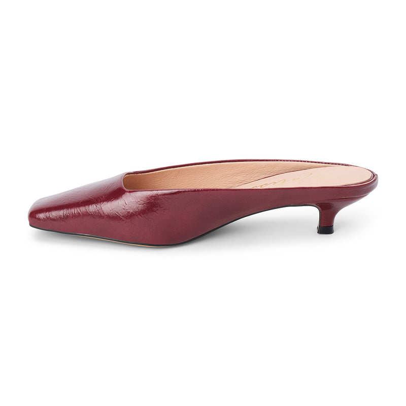 Classy Heeled Mule – Matisse Footwear – Burgundy patent leather mule with a squared toe, low kitten heel, and sleek slip-on silhouette.