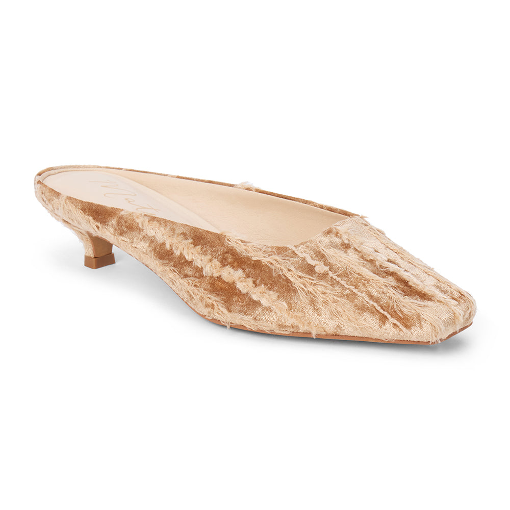 Tan textured textile heeled mule with a pointed toe and low kitten heel shown on a white background.