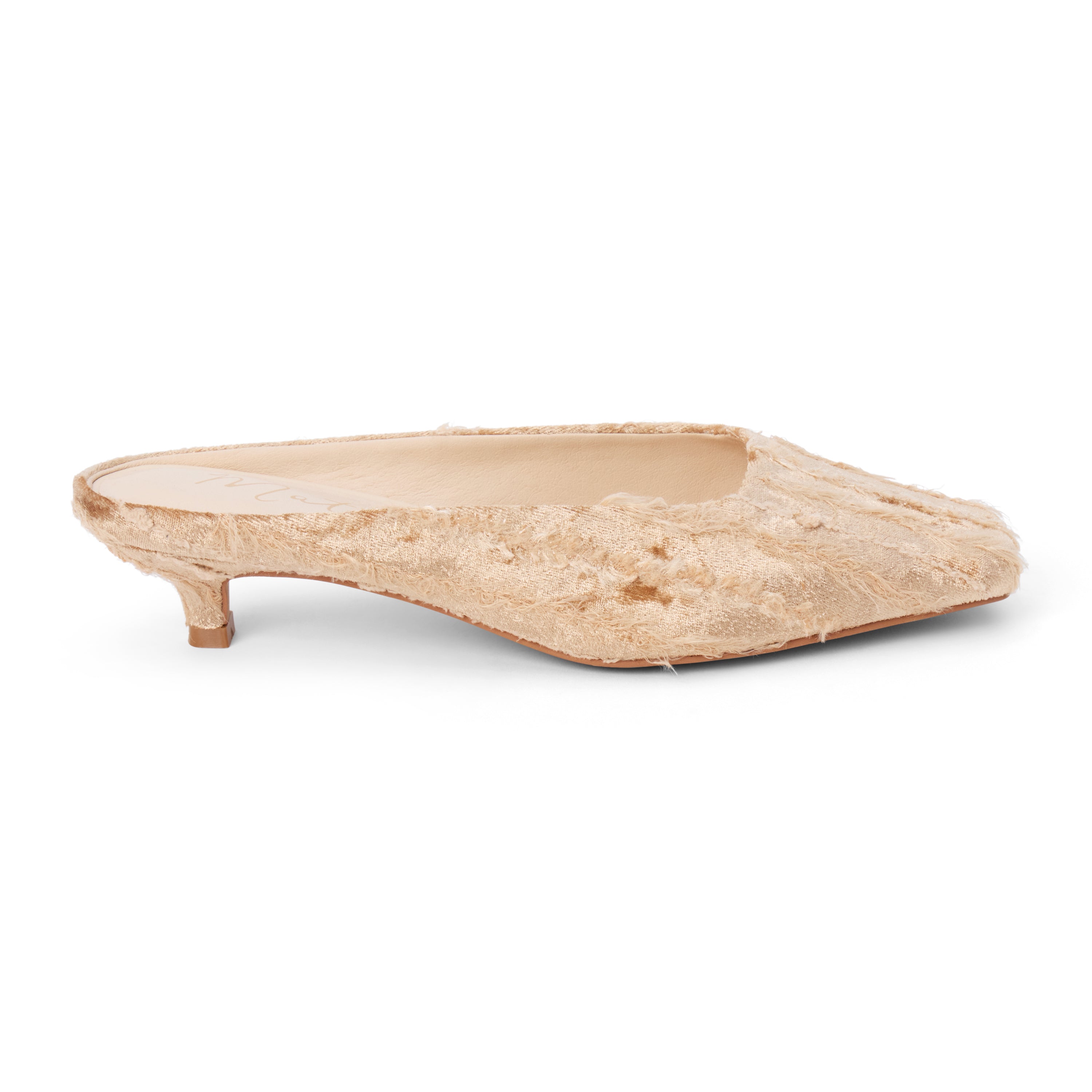 Tan textured textile heeled mule with a pointed toe and low kitten heel shown on a white background.