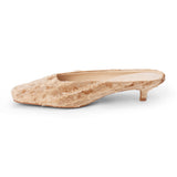 Tan textured textile heeled mule with a pointed toe and low kitten heel shown on a white background.