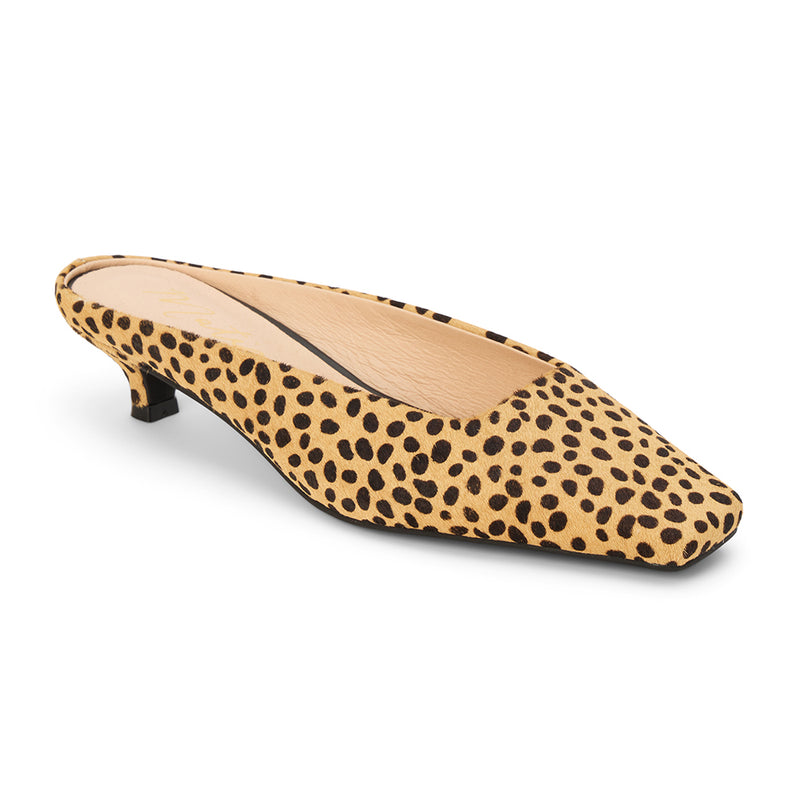 Classy Heeled Mule – Matisse Footwear – Cheetah print cow hair mule with a squared toe, low kitten heel, and sleek slip-on silhouette.