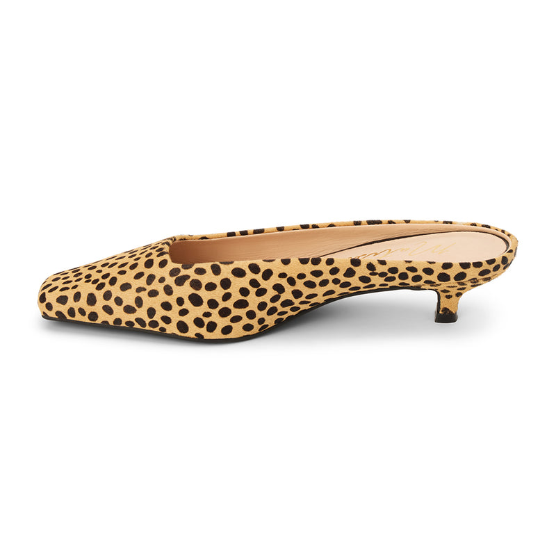 Classy Heeled Mule – Matisse Footwear – Cheetah print cow hair mule with a squared toe, low kitten heel, and sleek slip-on silhouette.