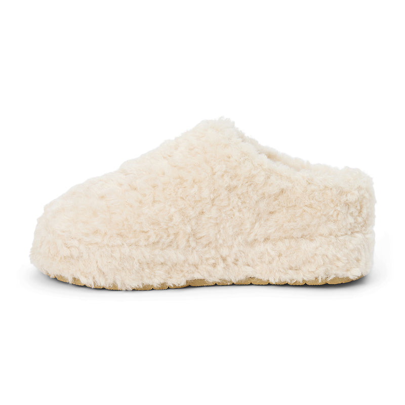 Claude Vegan Lounge Mule - Beach by Matisse - Cream colored faux shearling slip-on mule with rounded toe and soft textured finish.