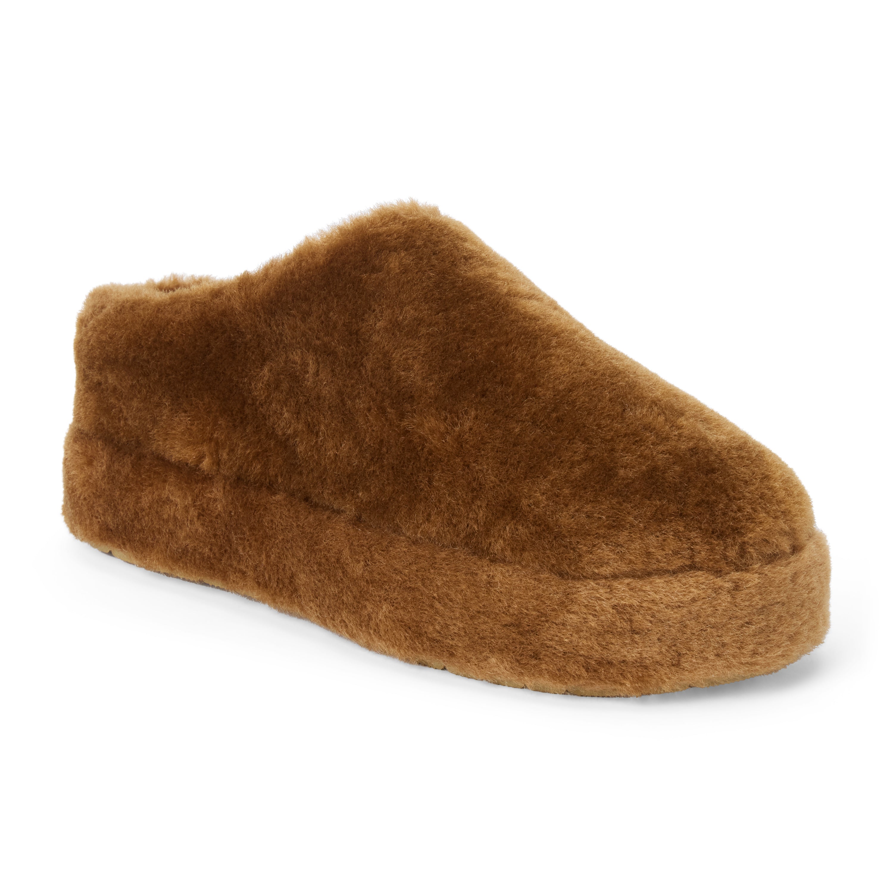Vegan brown faux shearling mule with a closed rounded toe, open back, and plush platform sole shown on a white background.