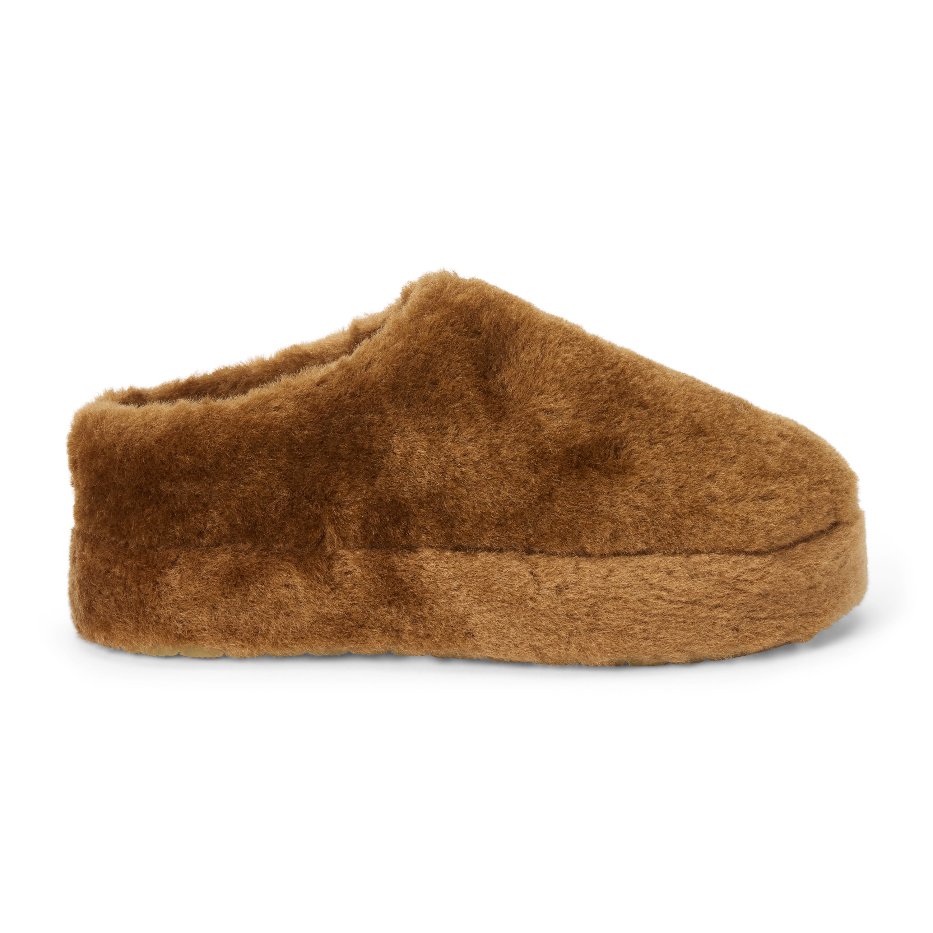 Vegan brown faux shearling mule with a closed rounded toe, open back, and plush platform sole shown on a white background.
