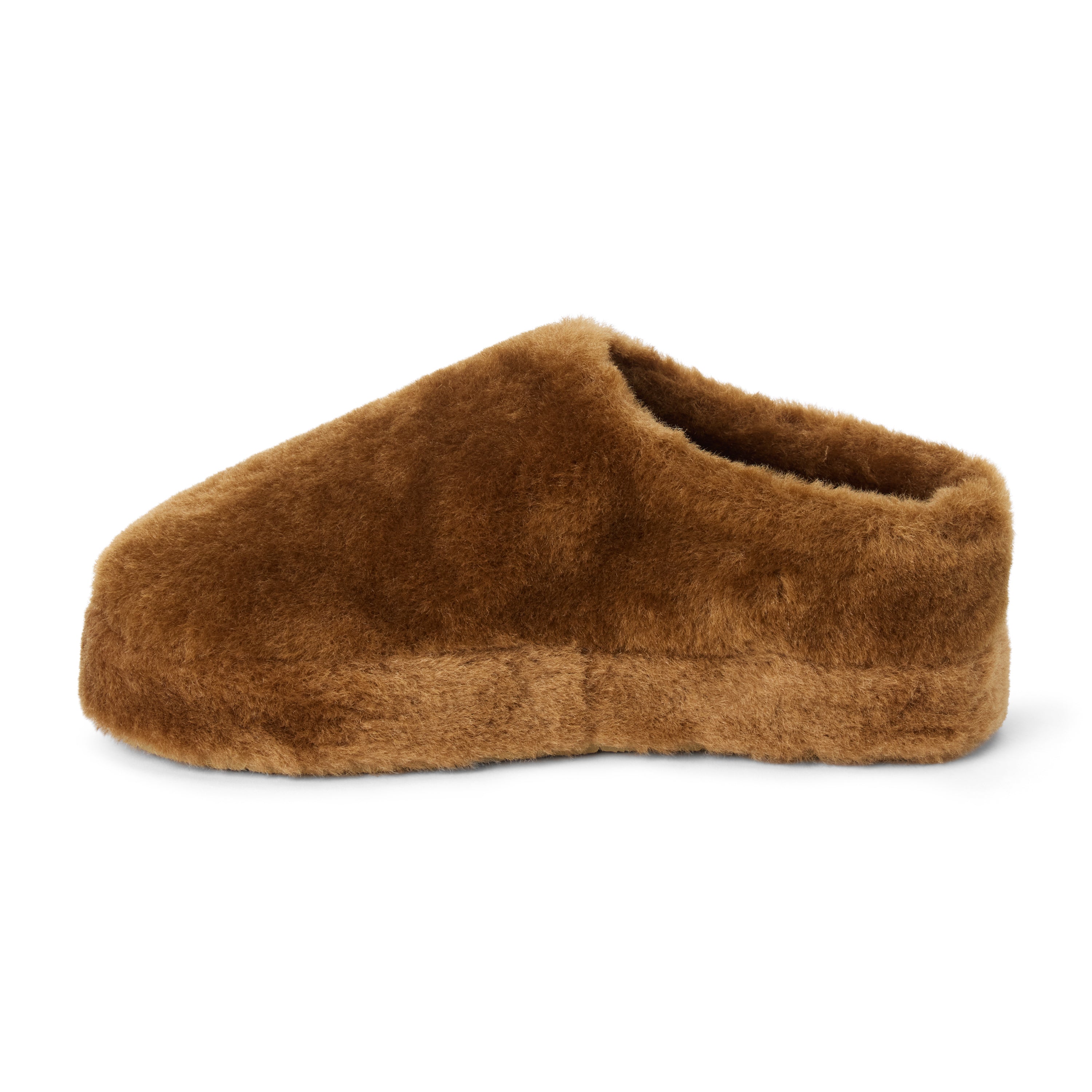 Vegan brown faux shearling mule with a closed rounded toe, open back, and plush platform sole shown on a white background.