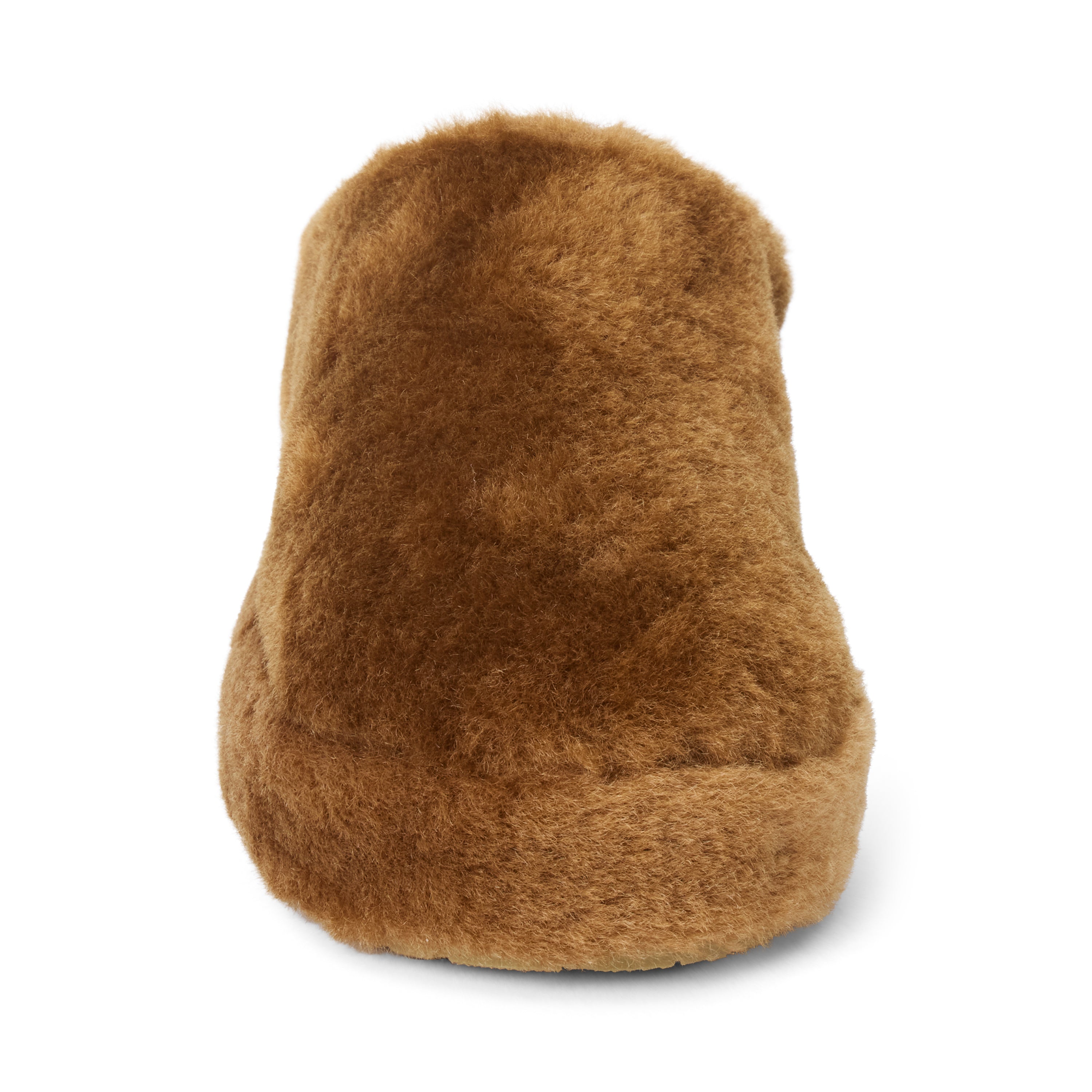 Vegan brown faux shearling mule with a closed rounded toe, open back, and plush platform sole shown on a white background.