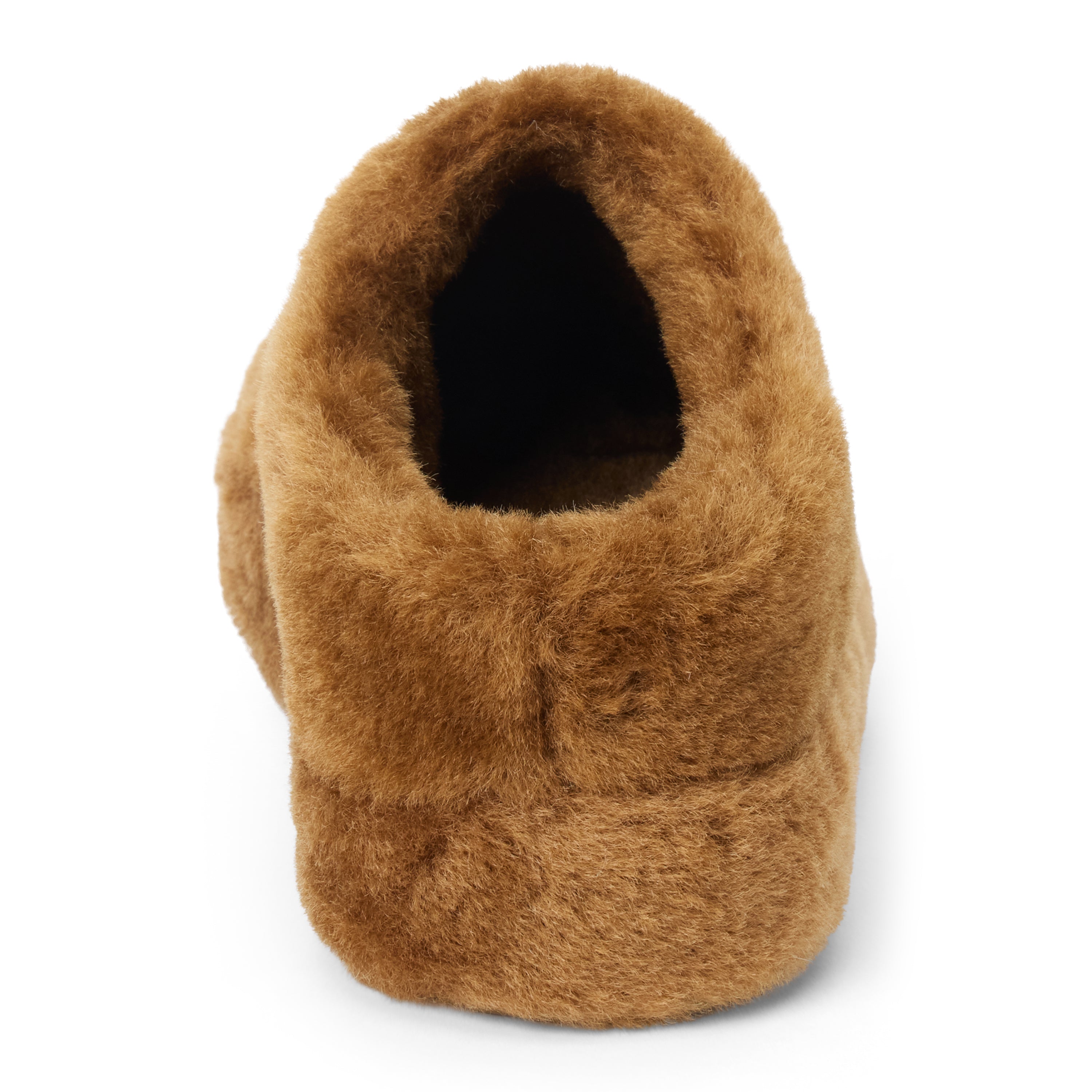 Vegan brown faux shearling mule with a closed rounded toe, open back, and plush platform sole shown on a white background.