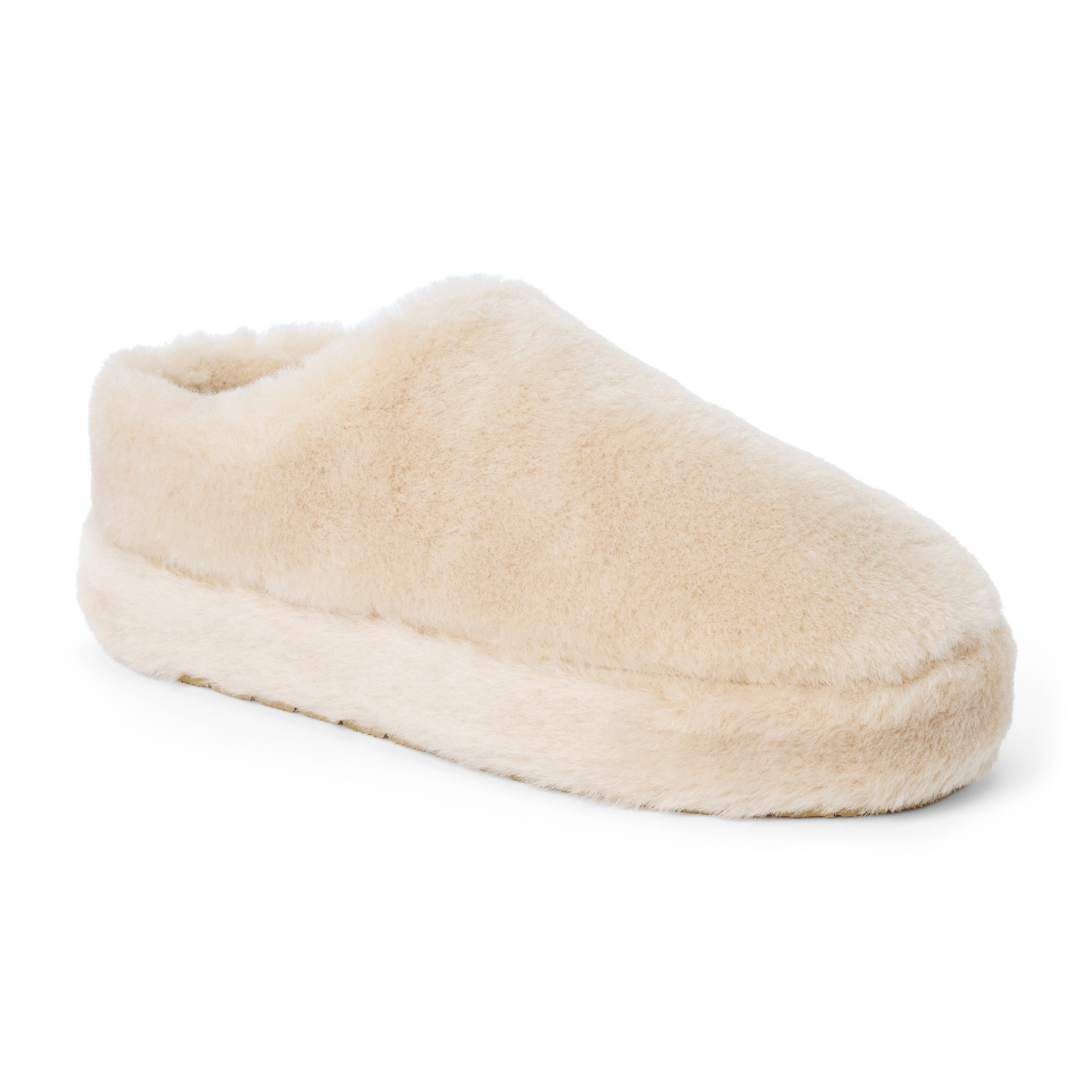 Vegan beige faux shearling mule with a closed rounded toe, open back, and plush platform sole shown on a white background.