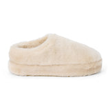 Vegan beige faux shearling mule with a closed rounded toe, open back, and plush platform sole shown on a white background.