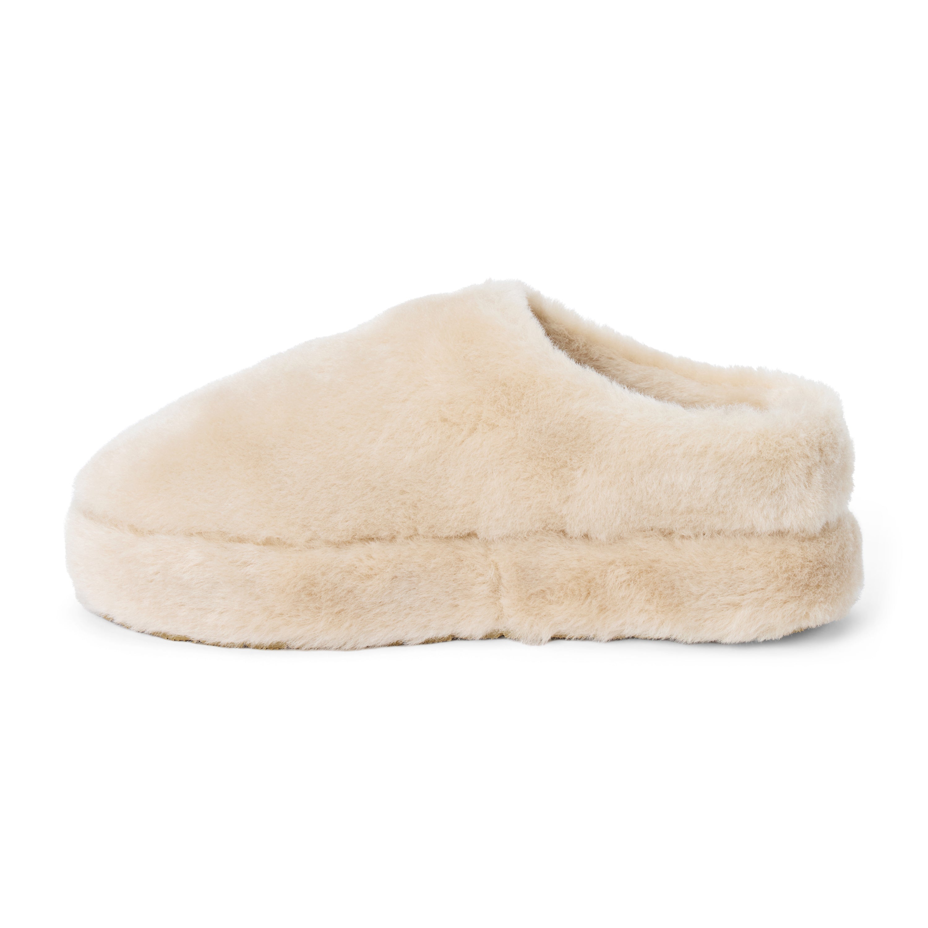 Vegan beige faux shearling mule with a closed rounded toe, open back, and plush platform sole shown on a white background.