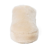 Vegan beige faux shearling mule with a closed rounded toe, open back, and plush platform sole shown on a white background.