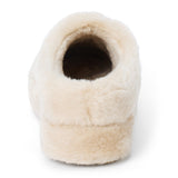 Vegan beige faux shearling mule with a closed rounded toe, open back, and plush platform sole shown on a white background.