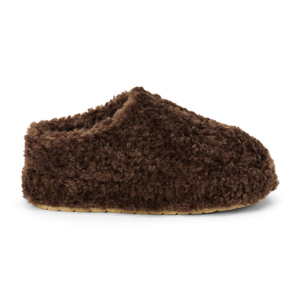 Claude Vegan Lounge Mule - Beach by Matisse - Coffee colored faux shearling slip-on mule with rounded toe and soft textured finish.