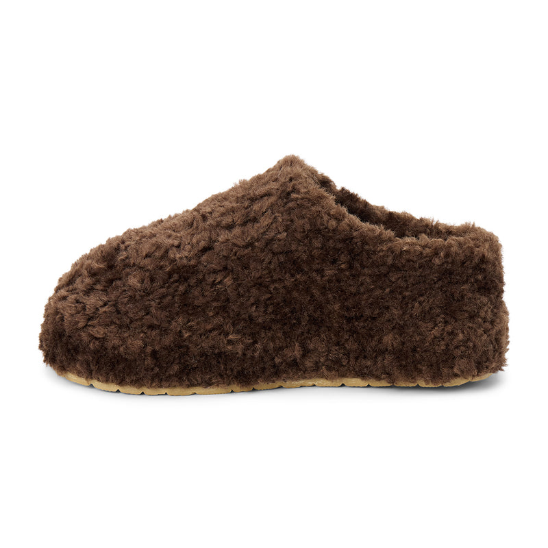 Claude Vegan Lounge Mule - Beach by Matisse - Coffee colored faux shearling slip-on mule with rounded toe and soft textured finish.