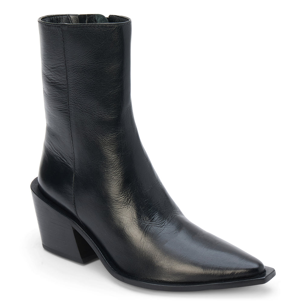 Black leather ankle boot with a pointed toe, angled block heel, and smooth minimalist upper shown on a white background.