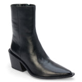 Black leather ankle boot with a pointed toe, angled block heel, and smooth minimalist upper shown on a white background.