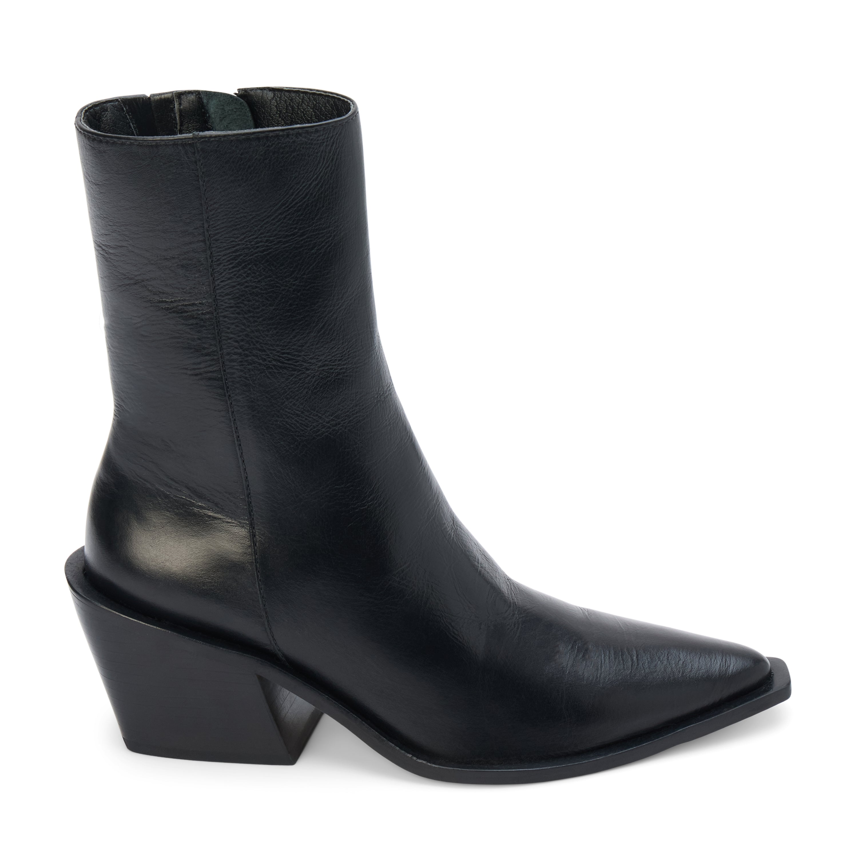 Black leather ankle boot with a pointed toe, angled block heel, and smooth minimalist upper shown on a white background.