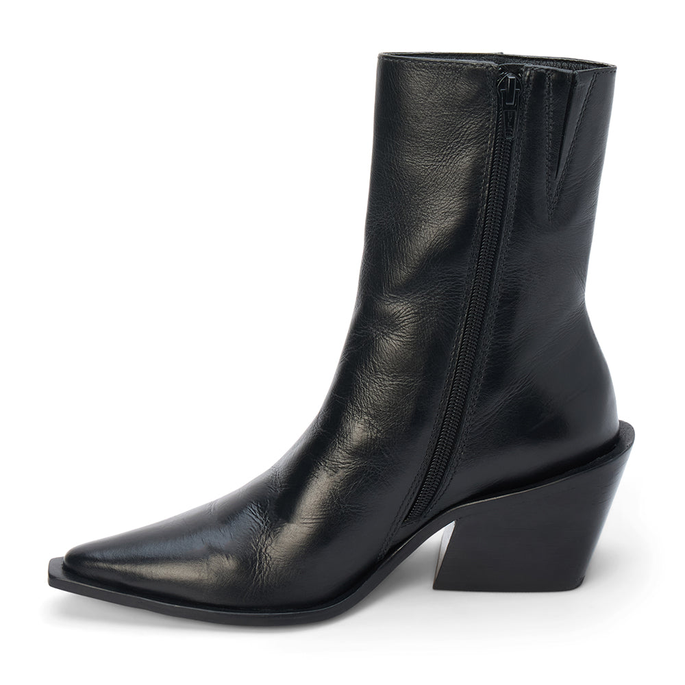 Black leather ankle boot with a pointed toe, angled block heel, and smooth minimalist upper shown on a white background.