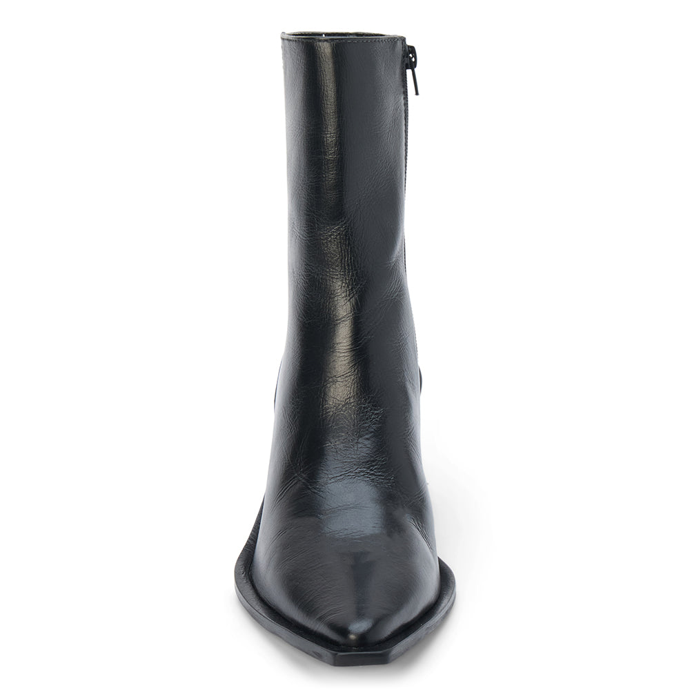 Black leather ankle boot with a pointed toe, angled block heel, and smooth minimalist upper shown on a white background.