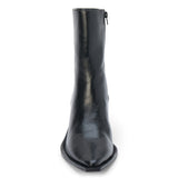 Black leather ankle boot with a pointed toe, angled block heel, and smooth minimalist upper shown on a white background.