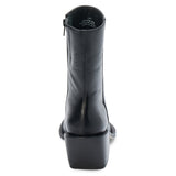 Black leather ankle boot with a pointed toe, angled block heel, and smooth minimalist upper shown on a white background.